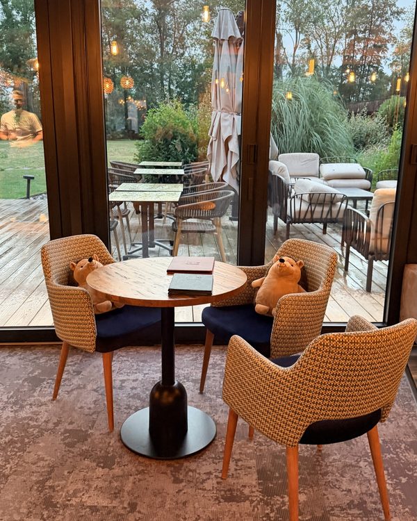 Une table du restaurant, avec deux petits ours en peluche sur les fauteuils, face au jardin