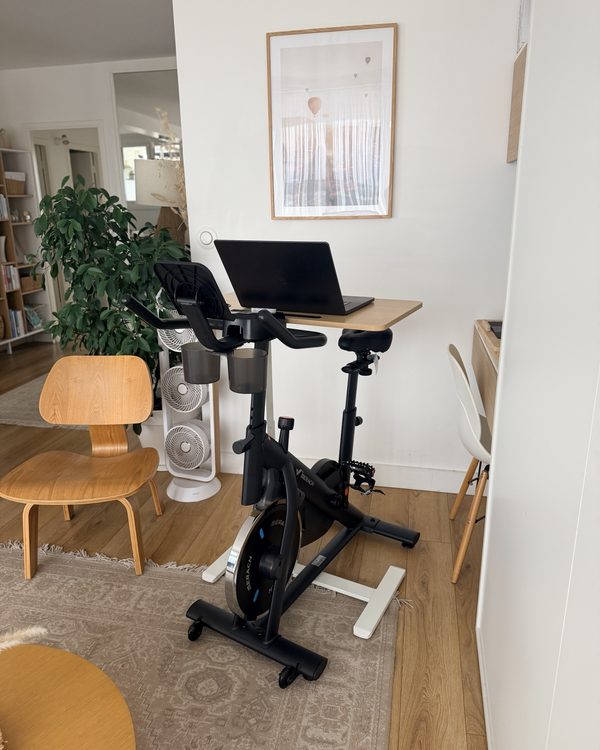 Le vélo et la table haute dans mon salon, au milieu des plantes