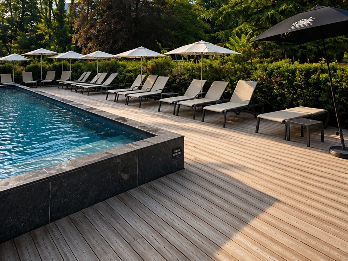 La grande piscine extérieure de l’hôtel Miura, ses transats et son jardin arboré